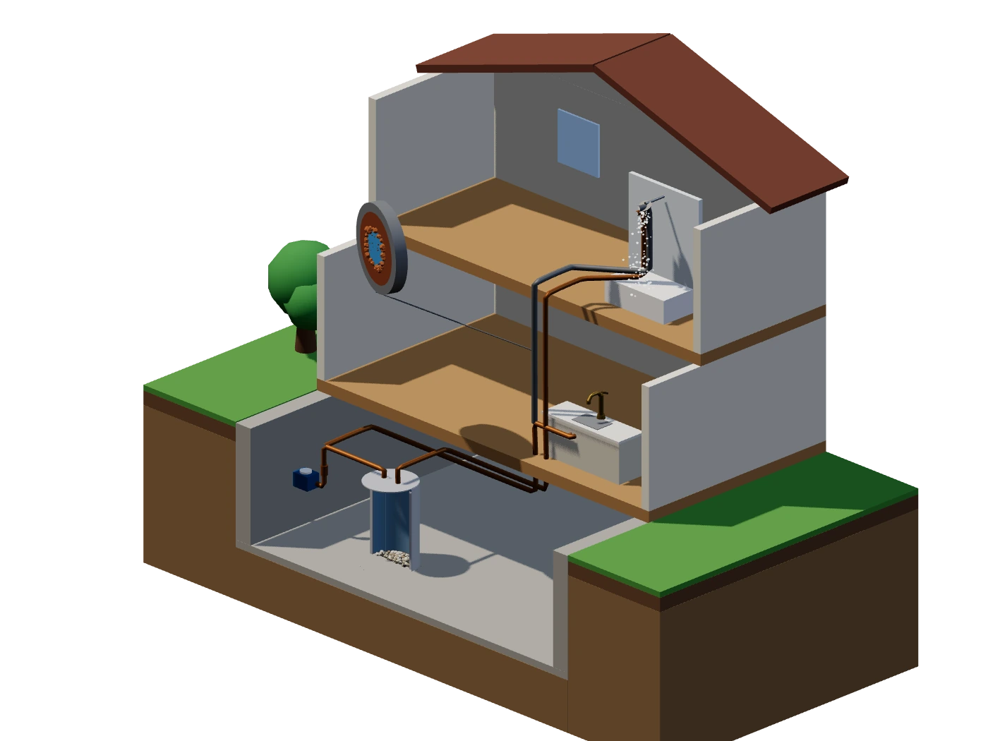 Isometric cut-away house: the service line enters at the meter in the basement, cold copper lines feed a water heater cut open to show sediment settled at the bottom, hot and cold lines rise to a kitchen tap and a shower, and an enlarged cross-section of an old galvanized riser shows rust and scale narrowing the bore.