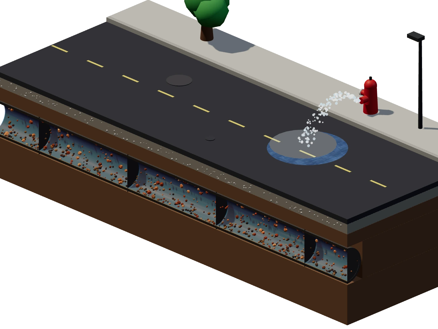 Isometric section under a street: a cast-iron water main is cut open lengthwise, showing rust tubercles on its wall, a bed of settled sediment and biofilm, and water flowing through. On the sidewalk a hydrant opens, the flow surges and the sediment lifts off.