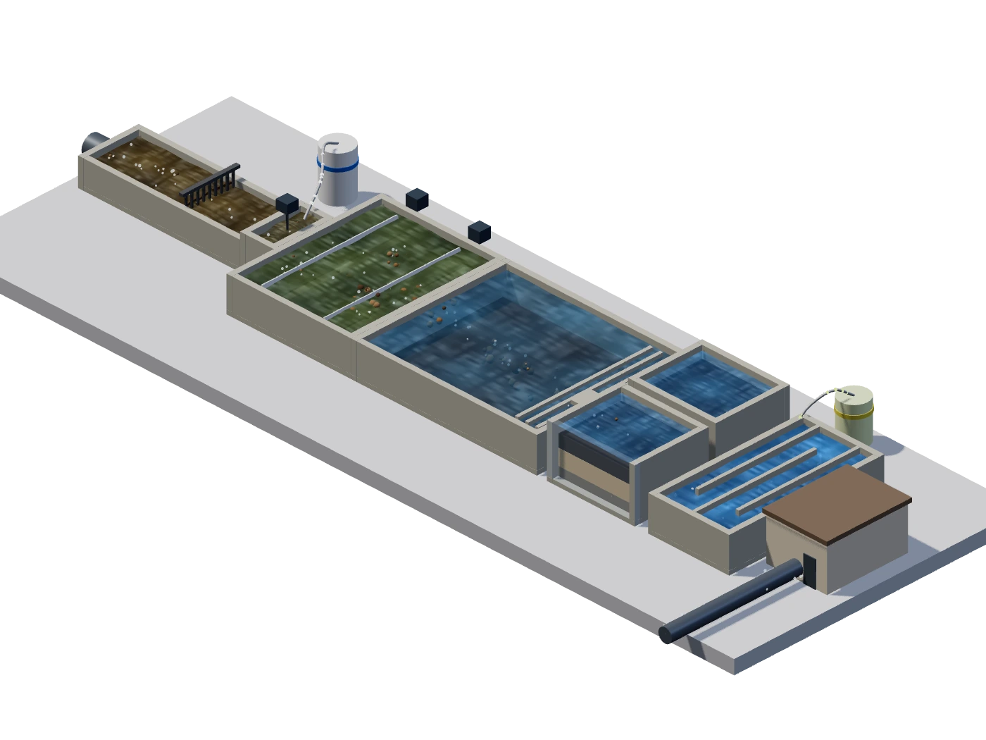 Isometric diagram of a treatment plant train: raw water passes a bar screen, a coagulant is dosed, paddle mixers grow flocs, the flocs settle in a sedimentation basin, the water passes through anthracite, sand and gravel filters, a chlorine feed disinfects it, and pumps send it to the mains.