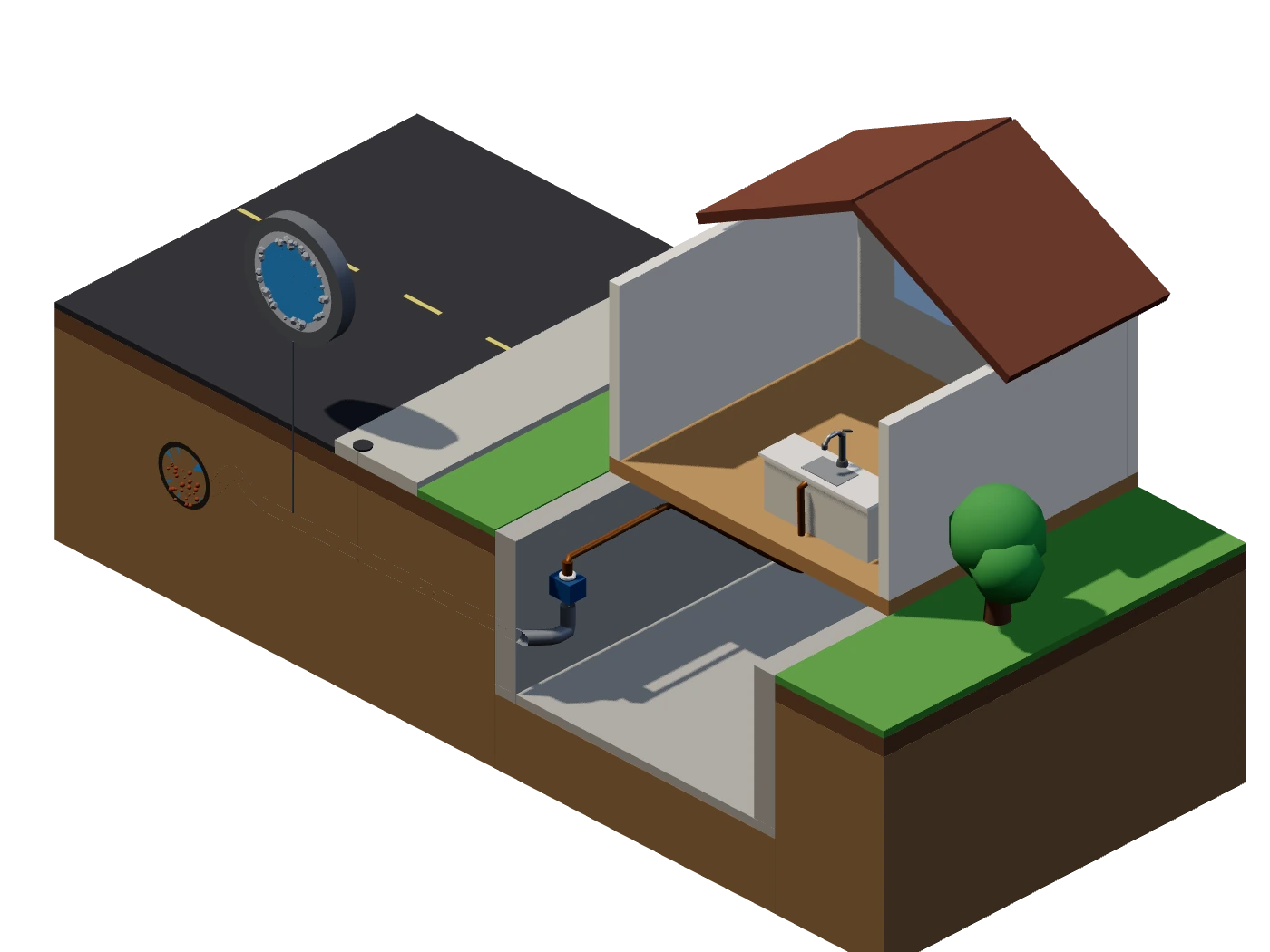 Isometric section: a water main under the street feeds a lead service line through a gooseneck and curb stop into a house's basement and meter. An enlarged cross-section shows the lead pipe wall, its scale layer and the water inside. Over a simulated night the water sits still in the pipe, then the morning's first draw carries it to the kitchen tap.