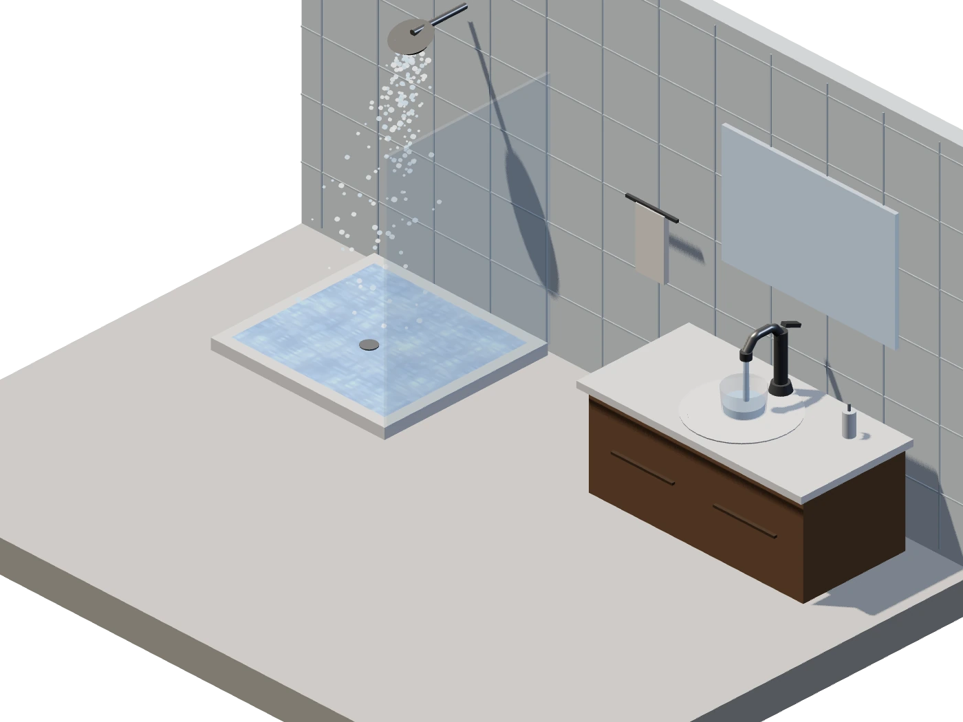 Isometric bathroom: a shower sprays into a tray while a tap fills a glass on the vanity. A few specks drift in the glass.