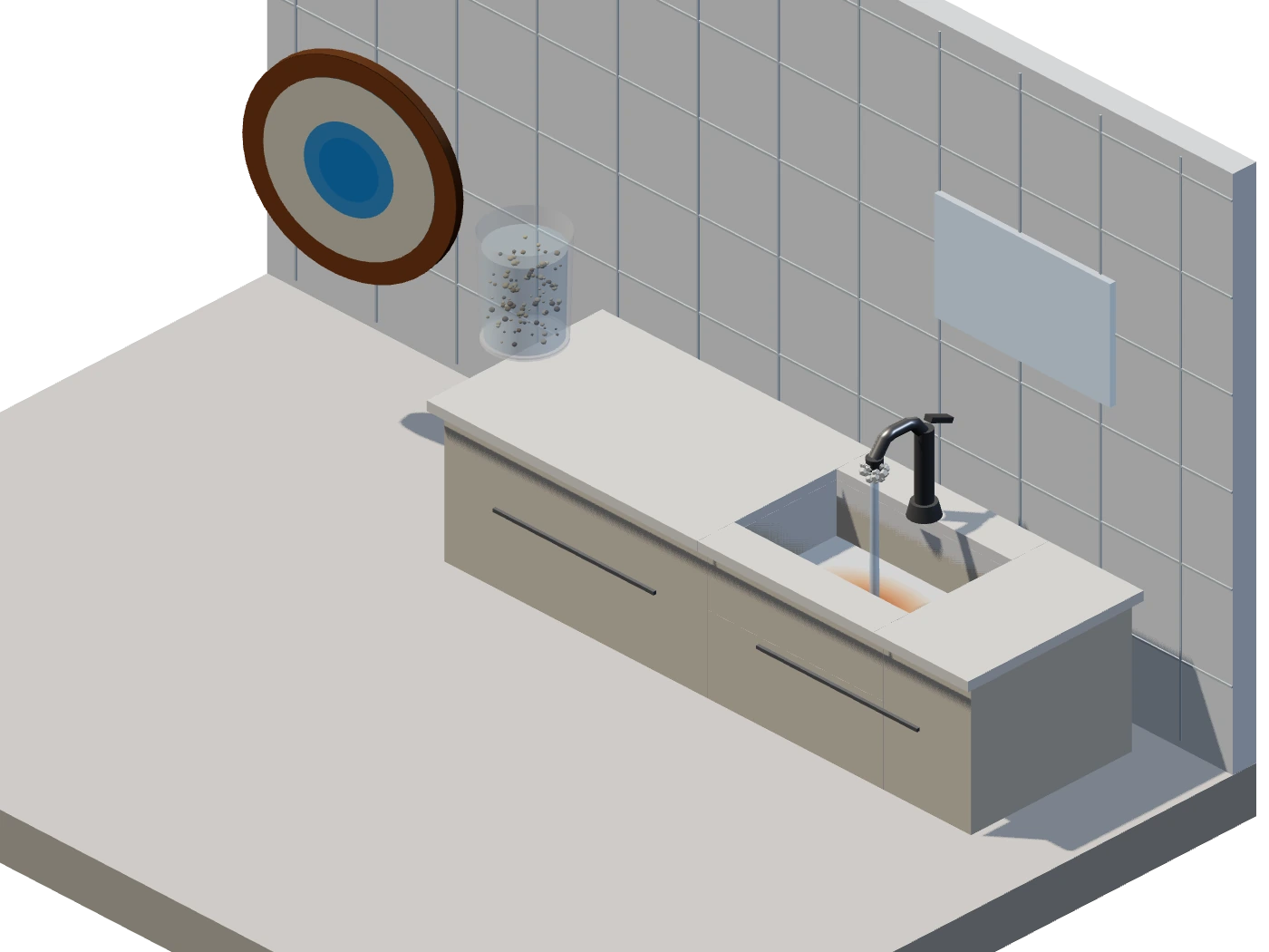 Isometric kitchen vignette: white hardness crust grows on a faucet spout, an orange-brown iron stain and a dark manganese stain spread in the sink, sand and silt settle to the bottom of a jar of well water, and an enlarged pipe cross-section shows scale thickening inside the bore.